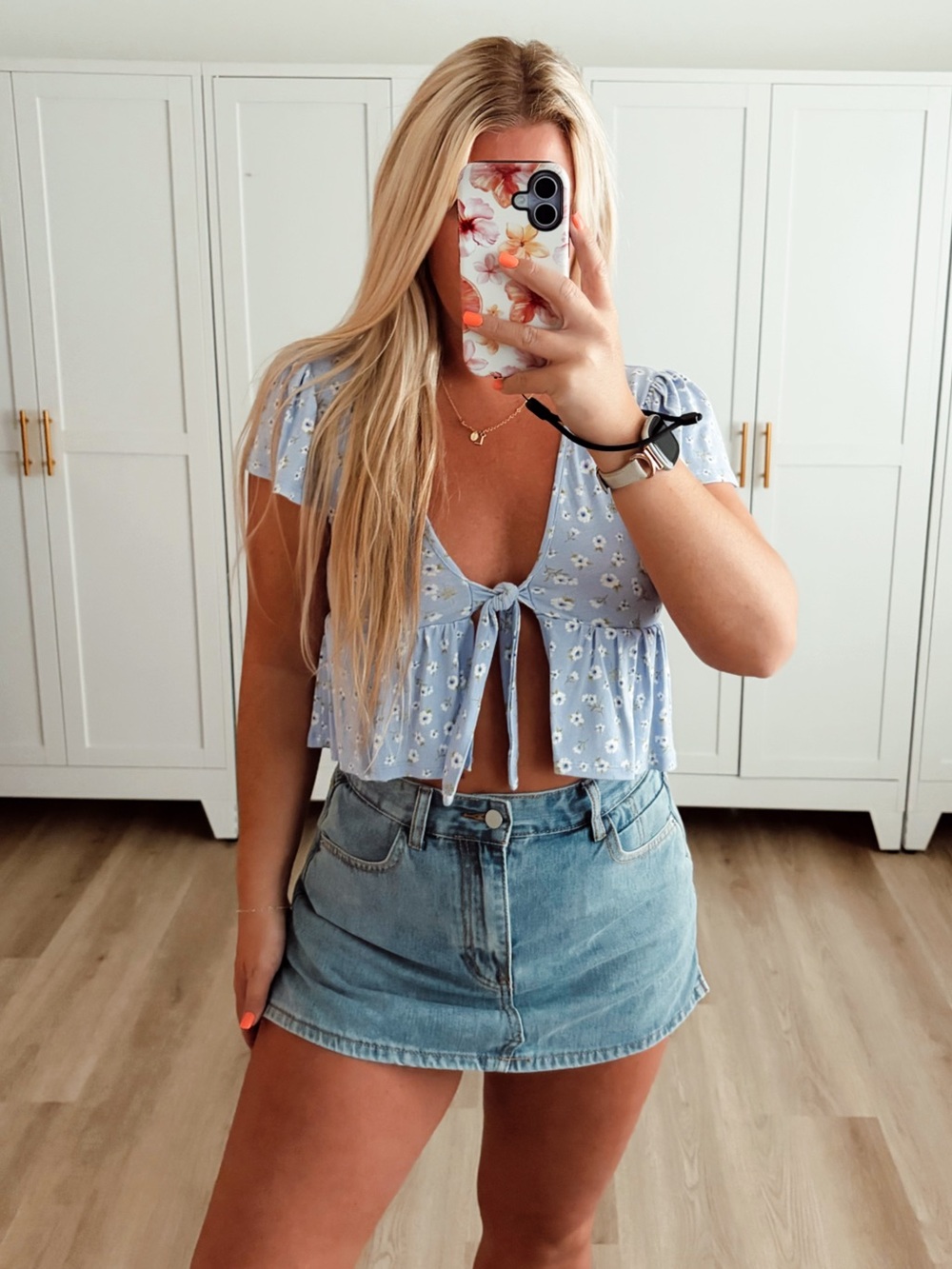 Light Blue Floral Tie-Front Crop Top